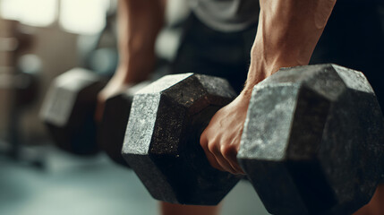 Close up of muscular man gripping heavy iron dumbbells during intense weightlifting workout in a gym setting
