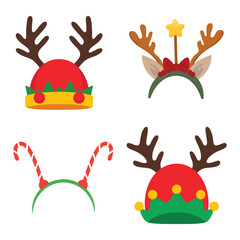 Fototapeta premium Christmas Costume Headband Set. Reindeer Antlers, Elf Hat and Candy Cane Hair Hoops. Cute Vector Props for Holiday Party.