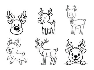 Cute Reindeer Coloring Page Vector Set. Black and White Outline Deer Characters Peeking and Smiling. Line Art for Kids Activity Book.