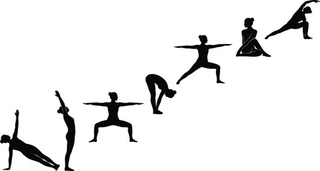 Yoga and fitness woman silhouettes performing dynamic poses isolated on white background representing flexibility balance wellness strength movement