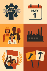 Labor Day graphics with workers, tools, and protest symbols