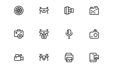 Photography and videography line icon set vector collection featuring cameras, tripods, lighting, editing tools, and multimedia equipment.