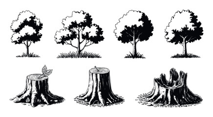 Hand drawn collection of black and white trees and stumps showing the stages of growth, cutting, and regrowth for environmental and nature concepts