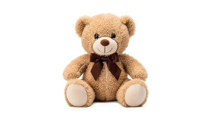 Cuddly teddy bear with brown bow tie isolated on transparent background