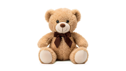 Cuddly teddy bear with brown bow tie isolated on transparent background