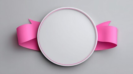 Circular Blank Label with Pink Ribbon on Gray Background