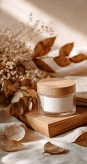 Autumnal skincare jar on wooden tray