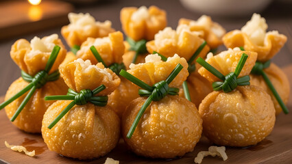 Golden Dumplings Tied with Green Chives.