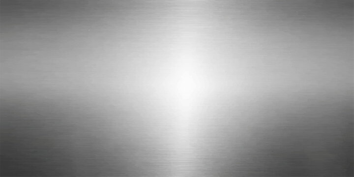 A shiny silver brushed metal plate background features a textured stainless steel pattern with light reflections on a gray metallic aluminum surface