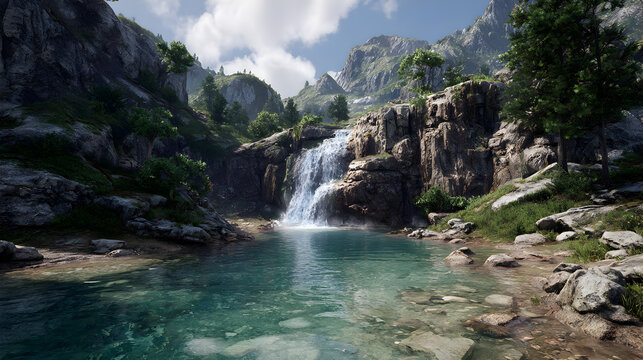 Majestic mountain waterfall cascades into a crystal clear turquoise pool surrounded by lush green foliage and rugged stone cliffs - Powered by Adobe