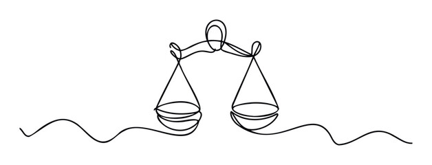 Minimalist single line drawing of the scales of justice symbolizing law, equality, and balance for legal services, law firms, and astrological Libra zodiac sign concepts.
