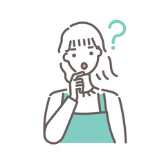 緑のエプロンをつけた女性が「なぜ？なに？」と疑問を浮かべているイラスト・シンプルな線画