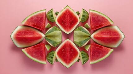 Geometric Arrangement of Watermelon Slices on Pink Background With Bright Overhead Lighting Creates a Refreshing and Vibrant Summer Still Life Composition