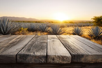 Rustic Wooden Tabletop Over Agave Field at Sunset in Jalisco Mexico Golden Light Landscape Rural Setting Dramatic Sky Product Display