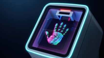 Futuristic Biometric Handprint Scanner with Colorful Digital Palm Scan and Neon Glow