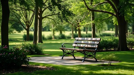 A serene park bench sits empty amidst lush greenery under natural daylight.