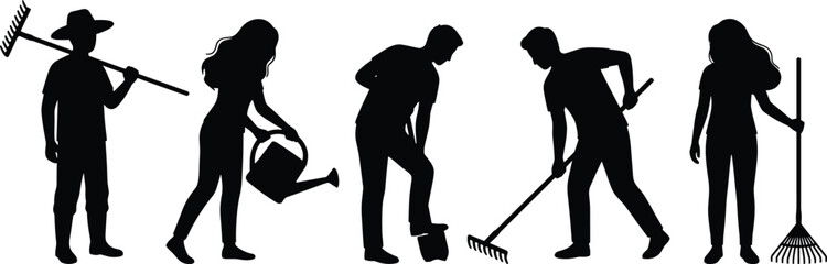 Gardening people silhouettes set, men and women working with rake shovel and watering can, outdoor landscaping and yard maintenance activities, isolated black vector illustration © MdHasan