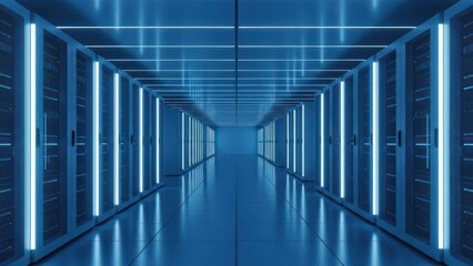 Futuristic Blue Server Room Corridor with Glowing Neon Lights and Data Racks