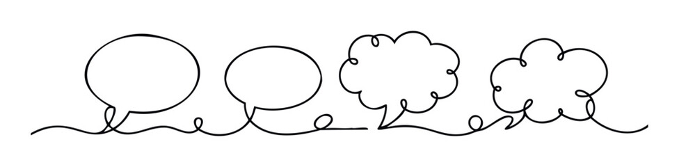 Hand drawn speech bubble shapes and thought clouds in a single continuous black line, perfect for graphic communication and creative projects.
