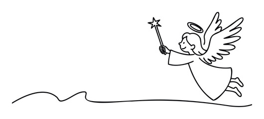 Simple line drawing of a flying angel with a halo and star wand, perfect for holiday and faithbased projects and festive celebrations.