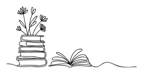 Minimalist line drawing of a stack of books with flowers and an open book, perfect for representing knowledge, education, and creativity for publishing or content creation projects.