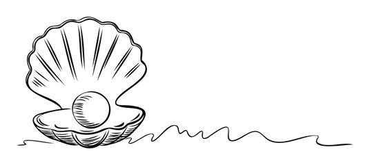 Black and white line art of a seashell cradling a luminous pearl, ideal for jewelry branding, ocean themes, or summer promotions.