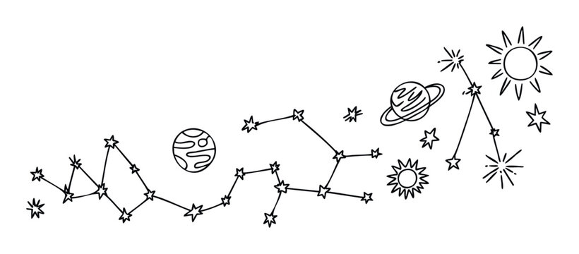 Drawn constellations and celestial bodies including suns and planets for cosmic themes and astronomical concepts in a simple line drawing style.