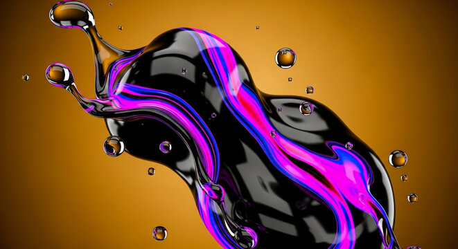 Abstract colorful liquid splash with pink and blue streaks against a warm orange gradient background, dynamic motion and fluid dynamics