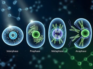 Cell division process visualized through organic biotechnology molecular science viewed from front angle showing creation growth and cellular development in futuristic biological environment
