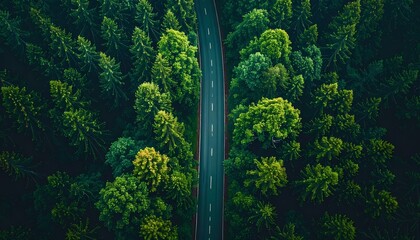 Obraz premium Aerial View of a Straight Road Cutting Through a Dense Green Forest.