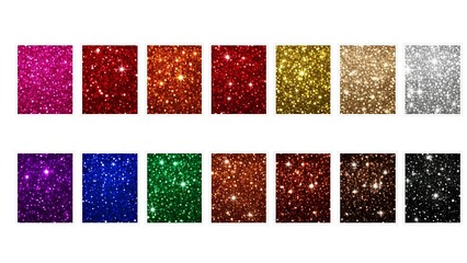 A collection of colorful glittering textures arranged in a grid pattern on a white background