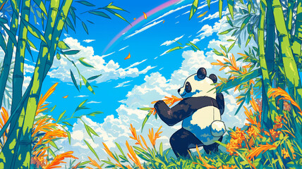 Naklejka premium 葉っぱを食べながら見つめる愛らしいパンダ｜竹林の中の癒し風景・自然・動物・ストックイラスト素材・かわいい・植物・優しい色合い