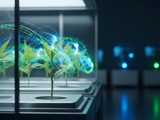 Wide angle view of digital elements flowing through green plant growth illustrating futuristic ecology green energy and biotechnology innovation
