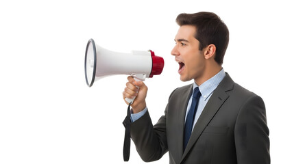 Businessman shouting into megaphone isolated on transparent background