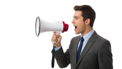 Businessman shouting into megaphone isolated on transparent background