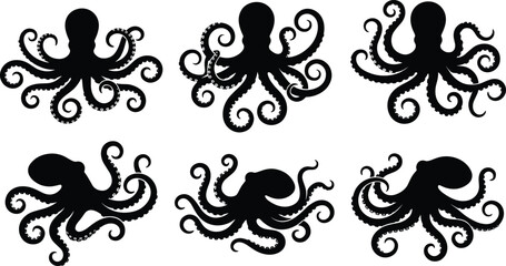 Octopus silhouettes collection, sea creature tentacle poses, marine animal design set, isolated black vector illustration for ocean wildlife graphics © MdHasan