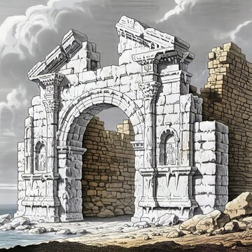 Salt Weathered Ruins A worn illustration of ruins with salt weat