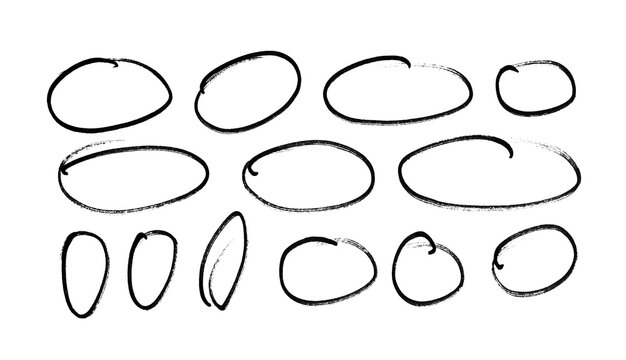 Highlight oval circle hand drawn doodle frames. Free pencil round lines. Round brush mark.