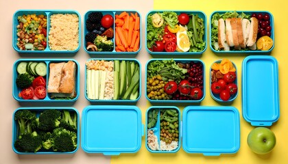 A vibrant flat lay collage featuring assorted food and beverage items in colorful compositions, perfect for lifestyle, culinary inspiration, and social media design.