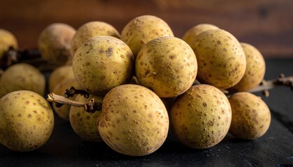 Still life composition of fresh longan fruits on a dark background, creating a moody and elegant look suitable for premium food branding and exotic fruit themes.