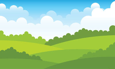 Obraz premium cartoon landscape of green hills on a blue sky background