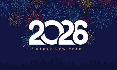 celebration of happy new year 2026 with Colorful fireworks ornament on dark blue background decoration