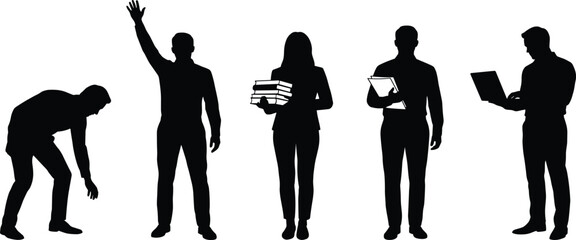 Business people silhouettes in various working poses isolated on white background representing corporate teamwork professionalism office tasks leadership diversity