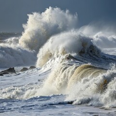 The tide churns violently flinging foam and spray in all directi