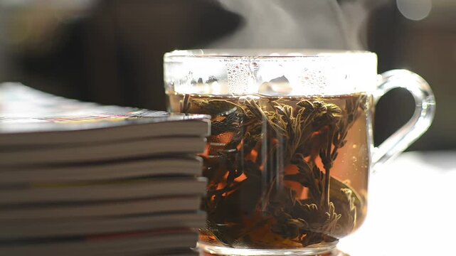 Clear glass cup of hot herbal tea with steam near stack of magazines, relaxation.