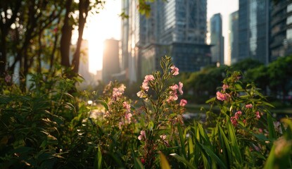 Pink flowers bloom amidst urban greenery, sunlit cityscape background