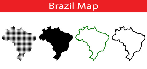 Obraz premium Brazil map icon set featuring dotted pixelated, solid black silhouette and line art outline styles isolated on white background for infographic and geographic design use