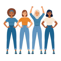 Empowered women stand together with confidence and strength, showcasing unity against transparent background