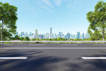 3D render of a wide asphalt road with white lane markings, flanked by trees and leading to a modern city skyline under a clear blue sky.