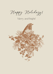 An elegant arrangement with evergreens and a robin in brown. A winter bouquet. Engraving style.